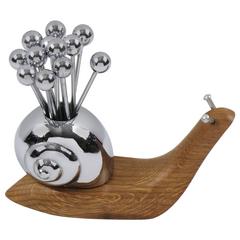 French Art Deco Wood and Chrome Cocktail Picks Barware Carved Snail, circa 1930s
