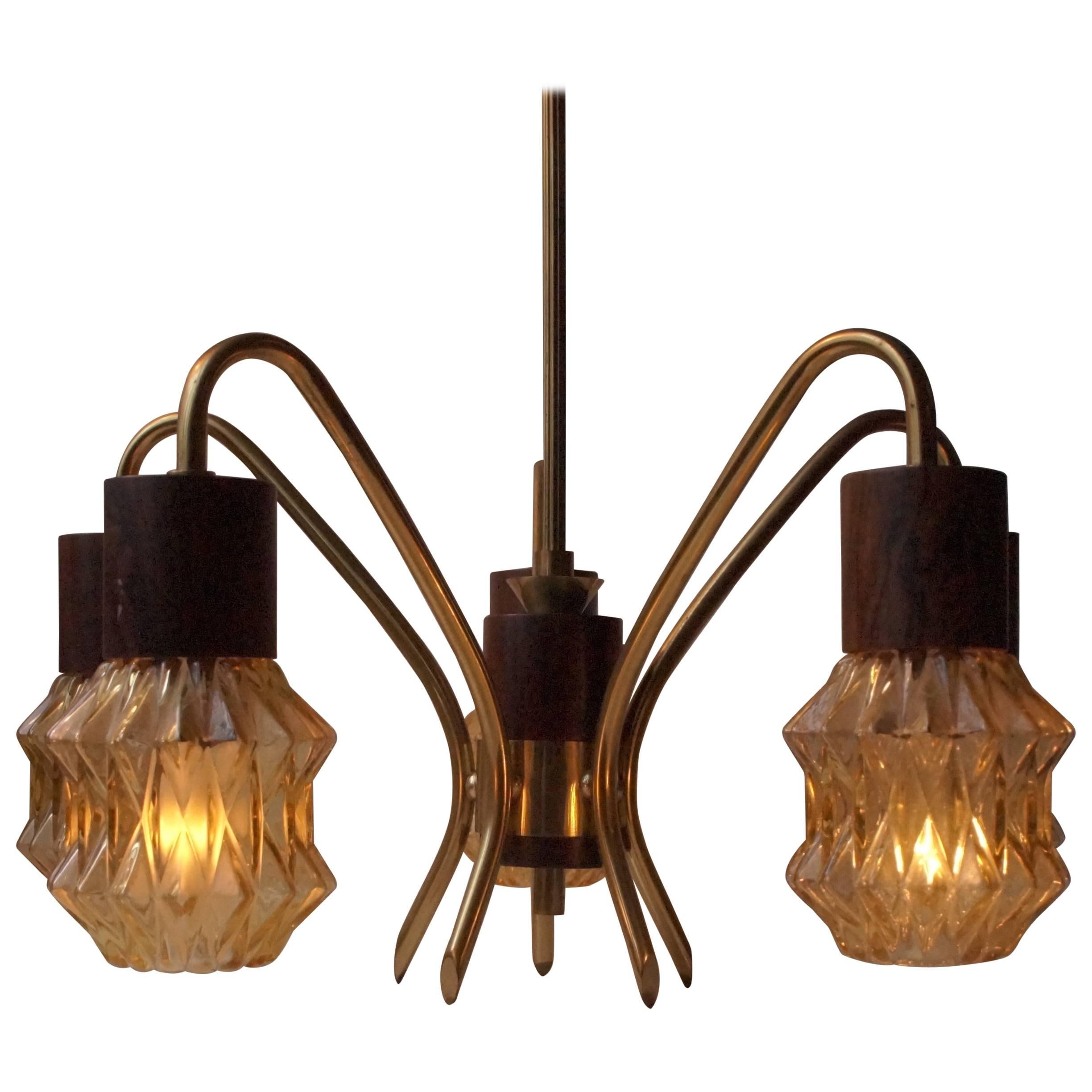 Mid-Century Danish Rosewood, Brass and Glass Spider Chandelier, 1950s For Sale