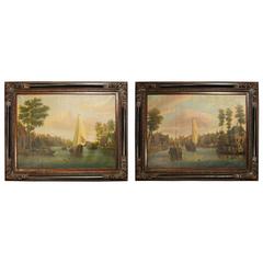 Pair of Antique Dutch Oil Paintings River Scene Boat Holland Art, 1890