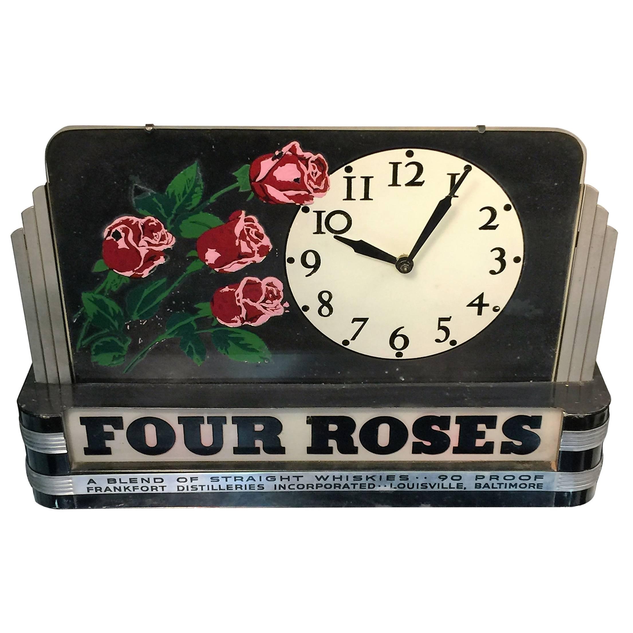  Lovely Illuminated Art Deco Four Roses Advertising Clock For Sale