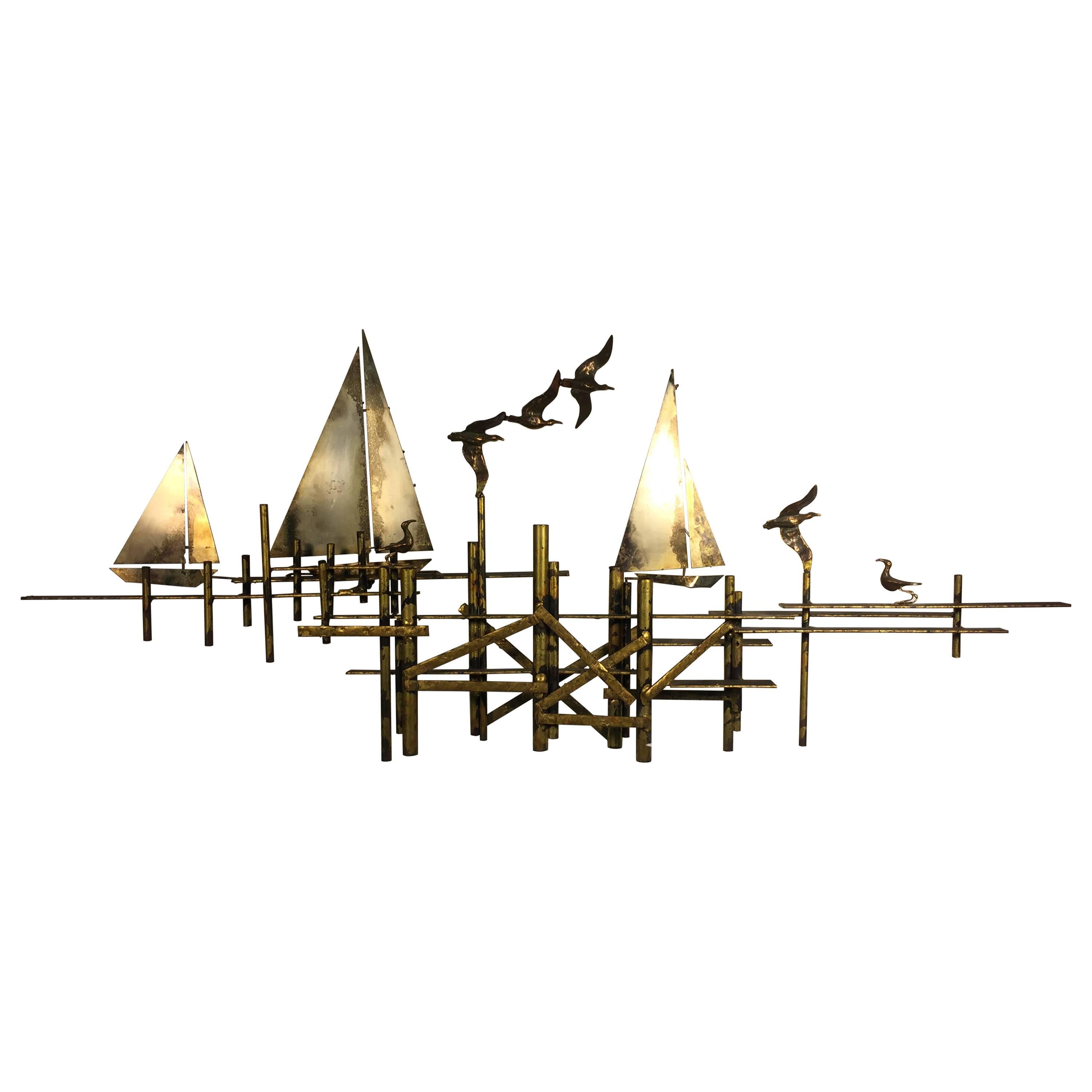 Fantastic Brutalist Curtis Jere Wall Sculpture of Sailboats and Birds For Sale