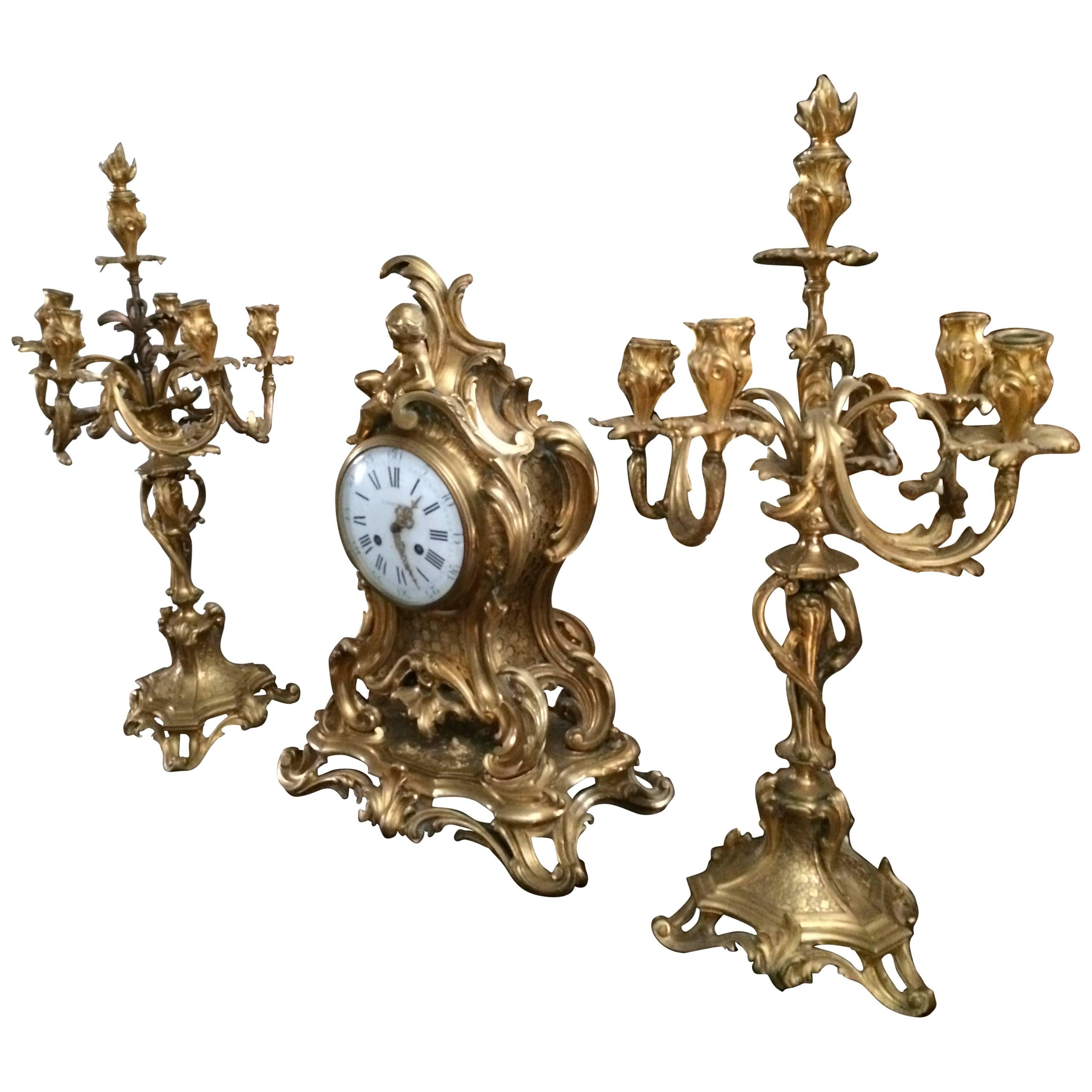 Rare Solid Gold Bronze Clock Candelabra Barbedienne Signed, Paris France For Sale