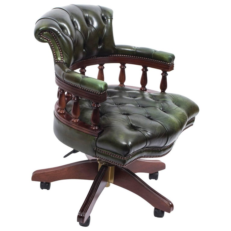 Bespoke English Hand Made Leather Captains Desk Chair Green