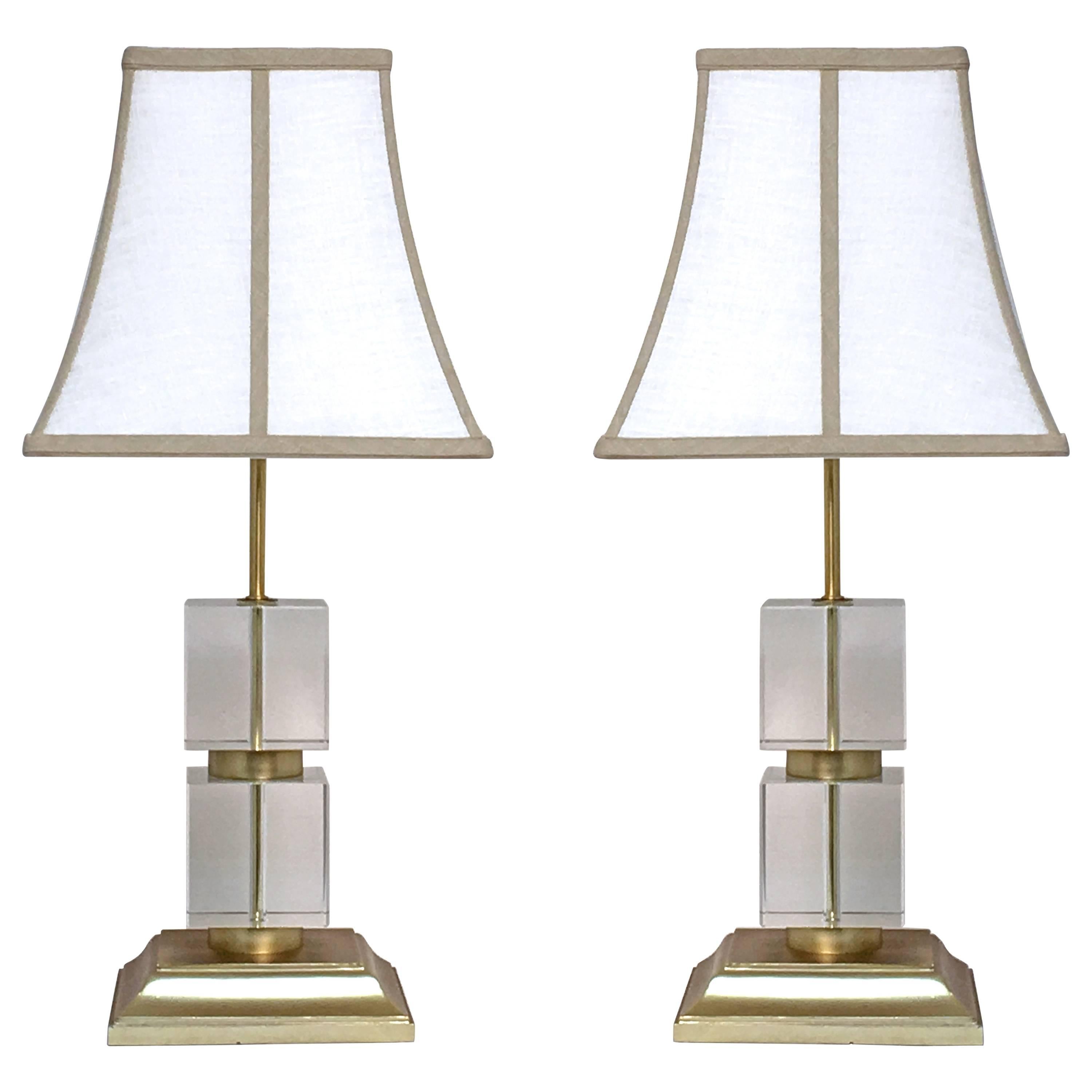 Pair of Victoria Hagan Perfect Pieces Cubed Crystal with Gilded Base Table Lamps