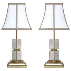 Pair of Victoria Hagan Perfect Pieces Cubed Crystal with Gilded Base Table Lamps