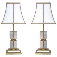 Pair of Victoria Hagan Perfect Pieces Cubed Crystal with Gilded Base Table Lamps