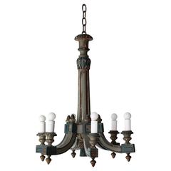 Antique Italian Painted Six-Arm Wooden Chandelier with Acorn and Tassel Details