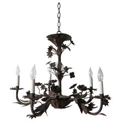 Black Iron Five-Arm Chandelier with Floral Details