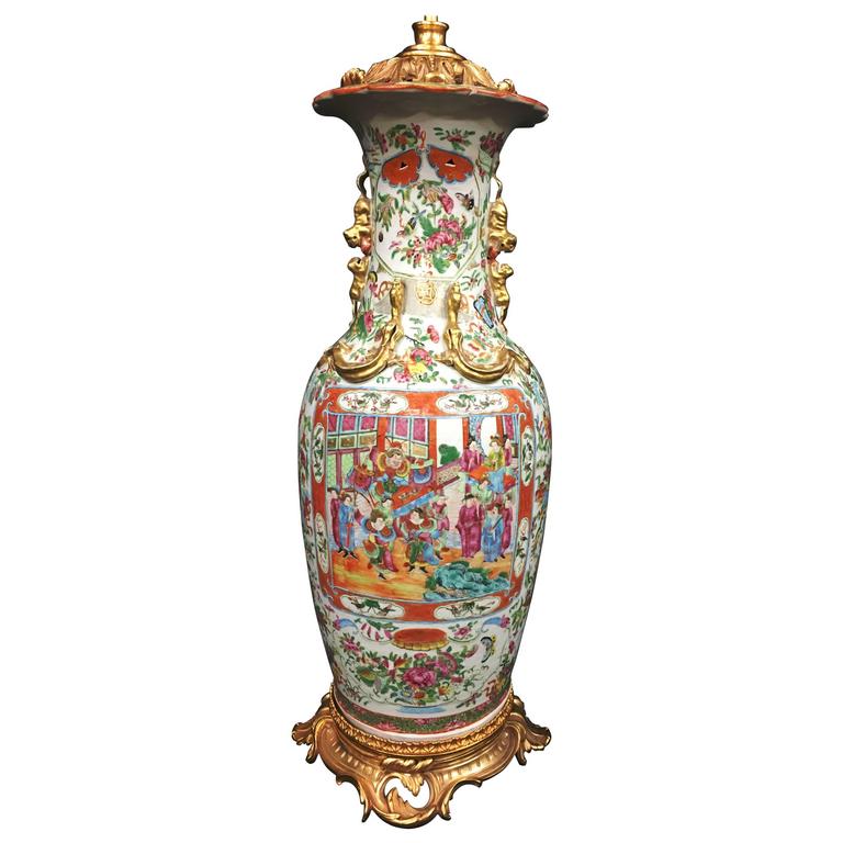Large Canton/Rose Medallion 19th Century Vase/Lamp For Sale at 1stDibs