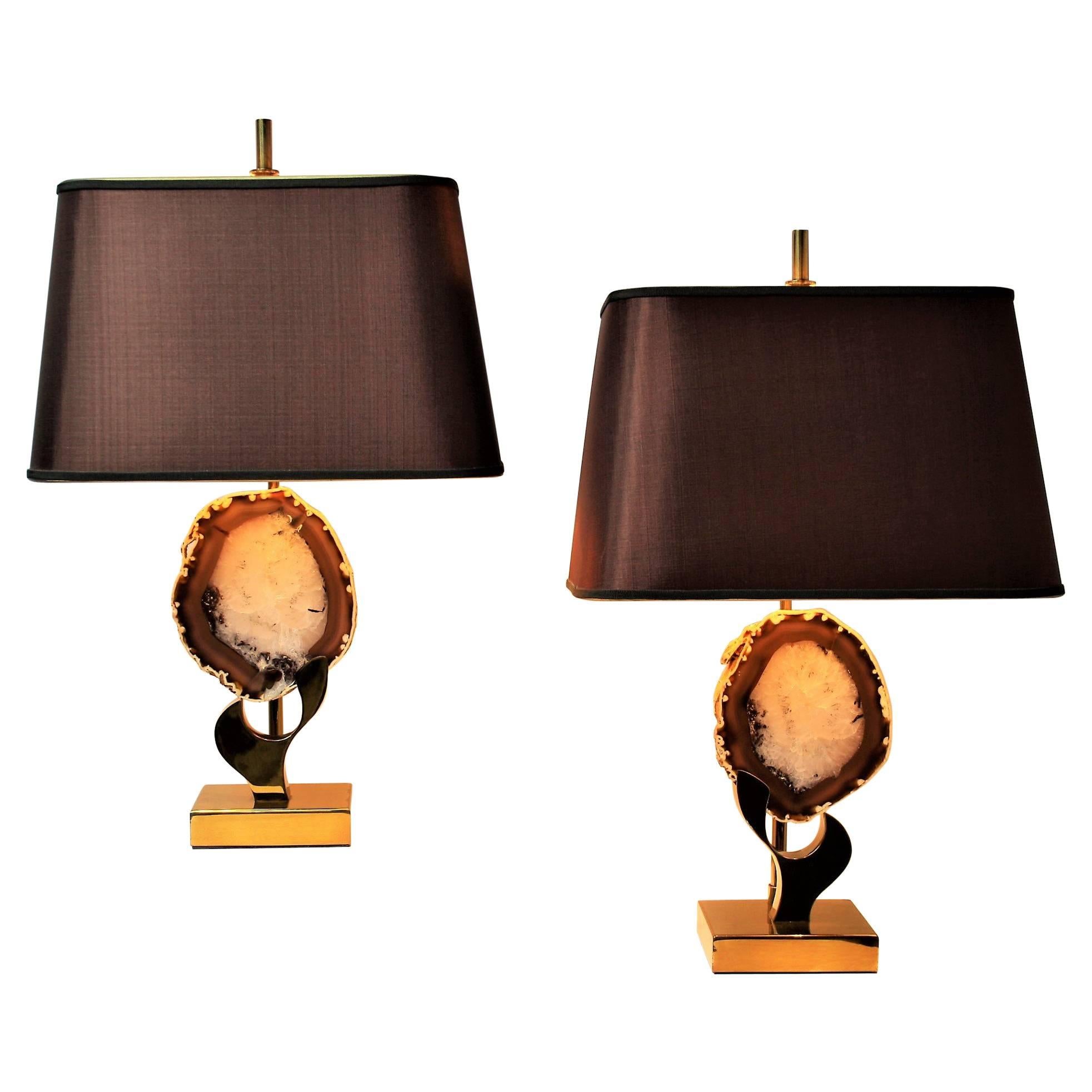 Pair of Willy Daro Brass and Agate Table Lamps, 1970s