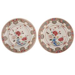 Pair of Chinese Porcelain Famille Rose Plates with Flowers, 18th Century