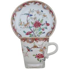 Chinese Porcelain Famille Rose Teacup and Saucer Each with a Bird on Brach