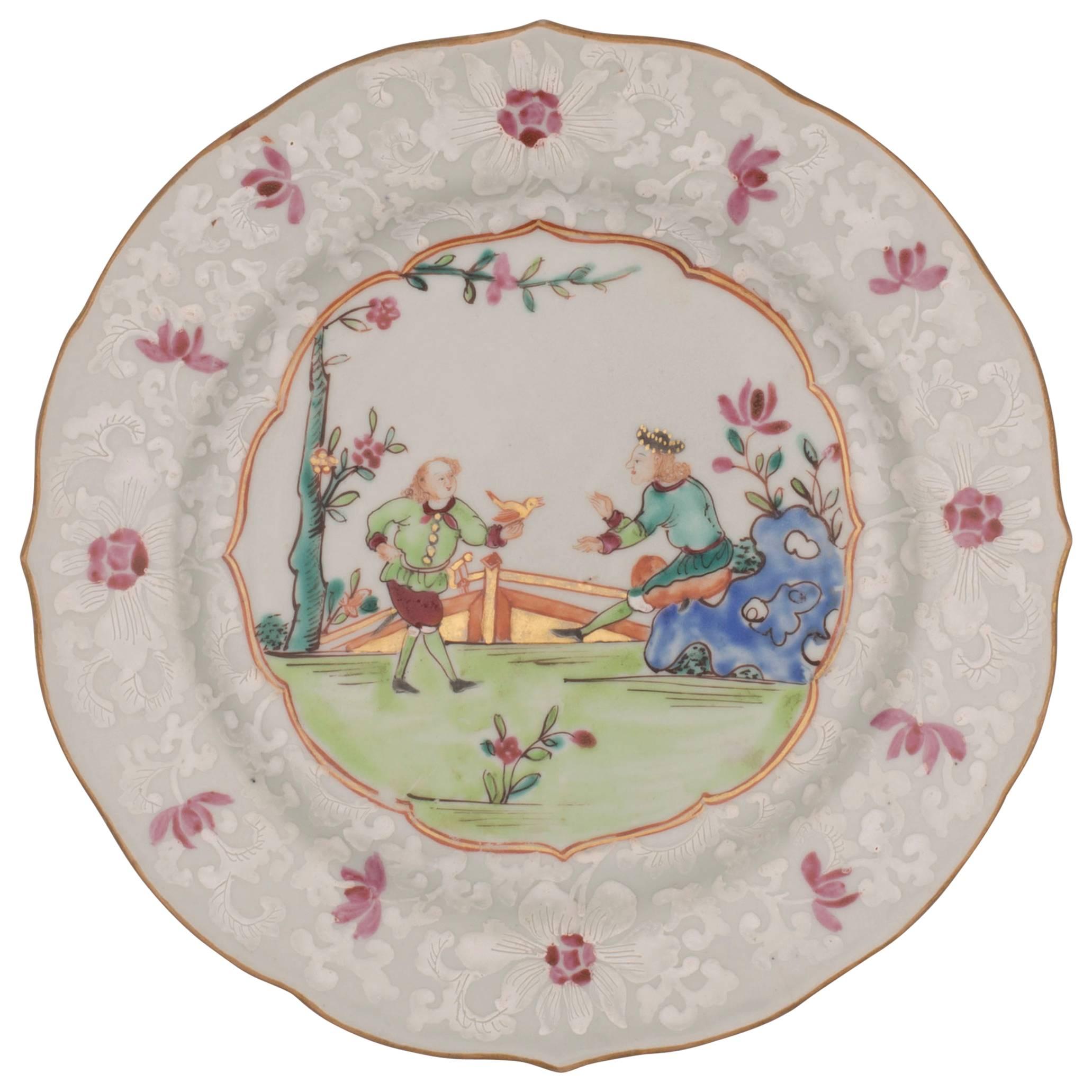 Chinese Porcelain European Subject Famile Rose Plate with Two Men, 18th Century