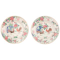 Pair of Chinese Porcelain Famille Rose Plates with Cockerels, 18th Century