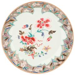 Chinese Porcelain Famille Rose Plate, Bouquet of Flowers in Tobacco Leaf