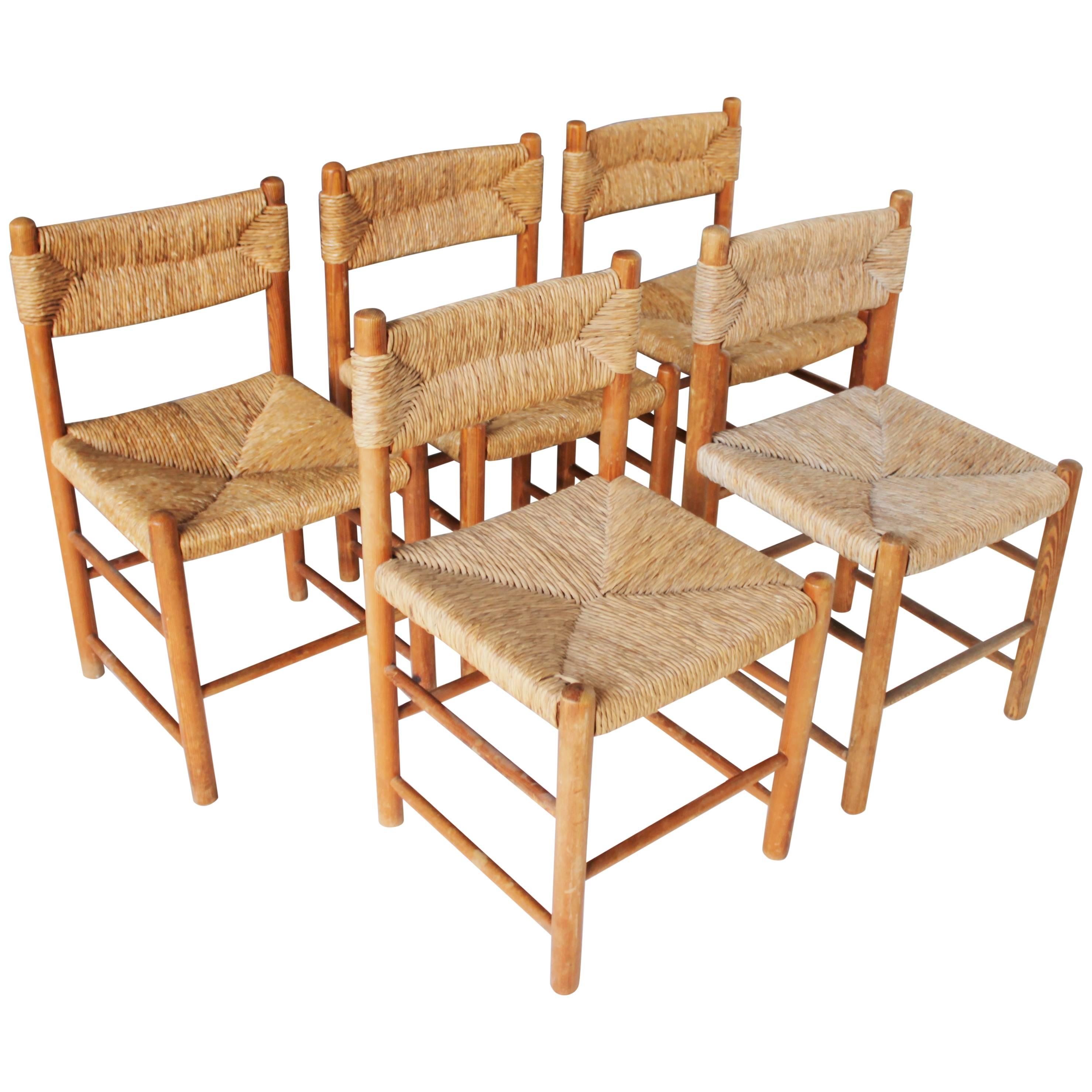 Set of Five Rush Chairs Attributed to Charlotte Perriand