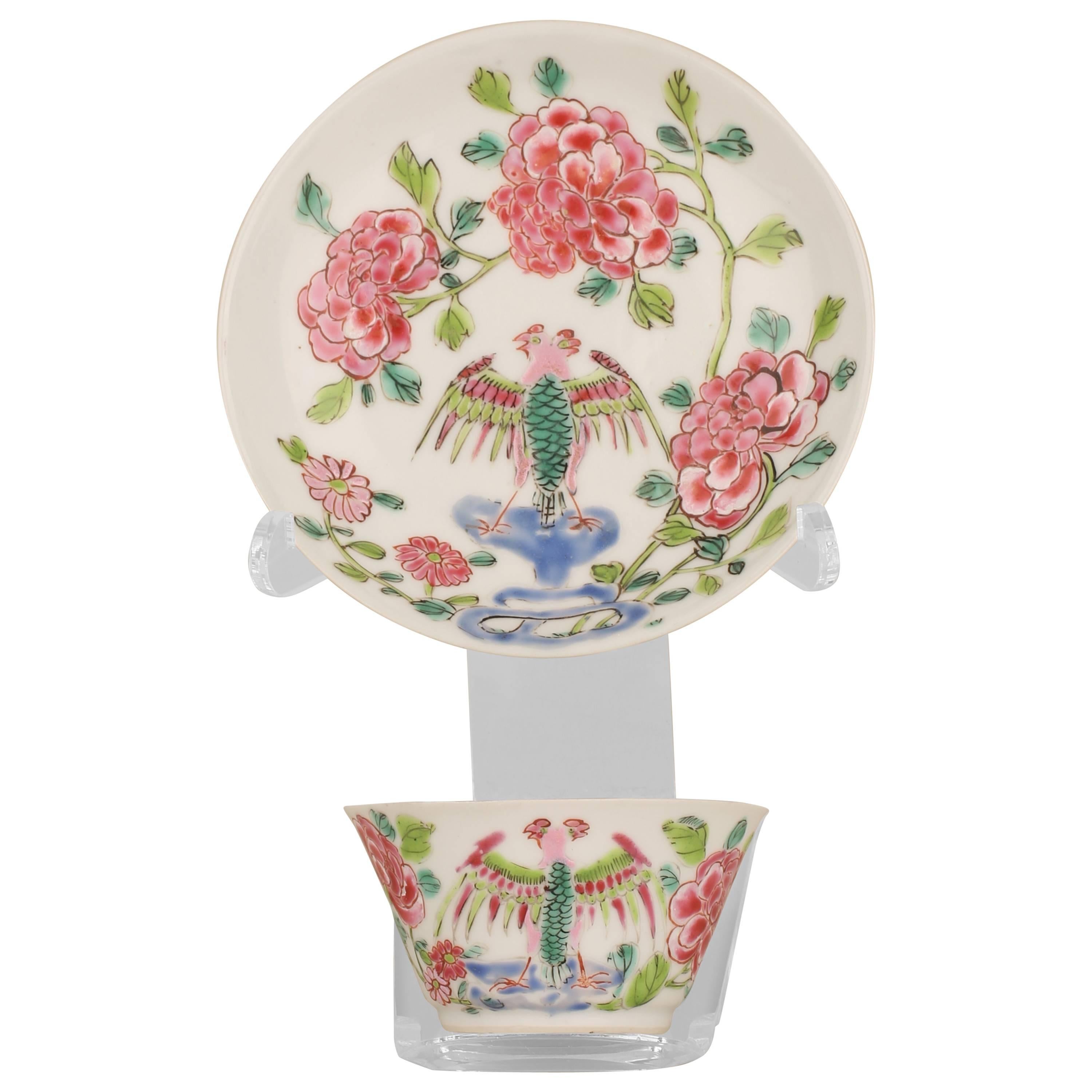 Chinese Porcelain Semi-Eggshell Famille Rose Cup and Saucer, Qianlong For Sale