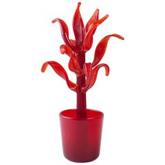 Cactus avec pot en verre rouge Pulegoso de Napoléon Martinuzzi, 1930