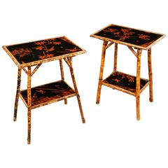 Pair of Very Decorative Lacquer and Bamboo Side or End Tables