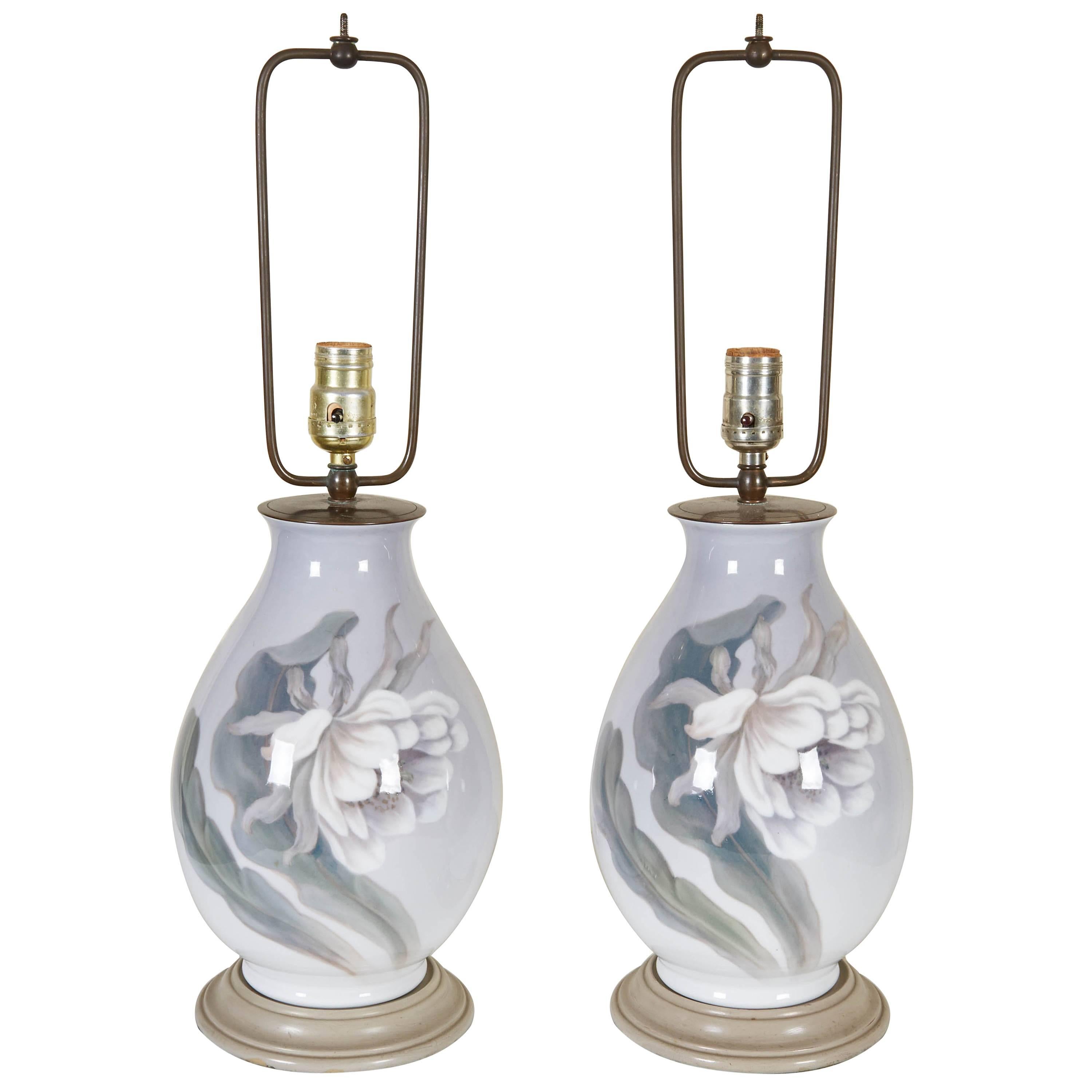 Pair of Grey Ceramic Table Lamps with Peony Decoration