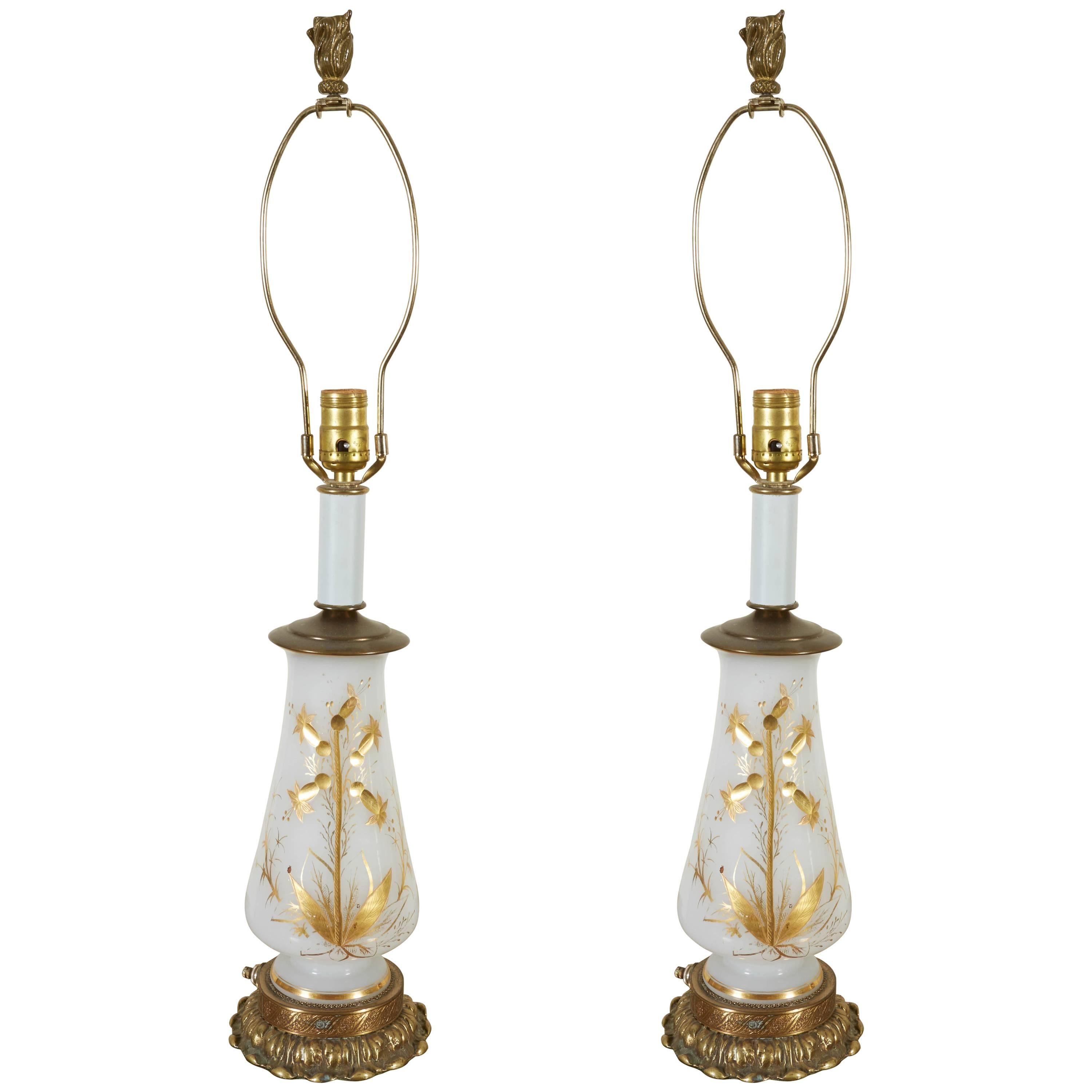 19th Century Pair of Hand-Painted Opaline and Gilt Table Lamps