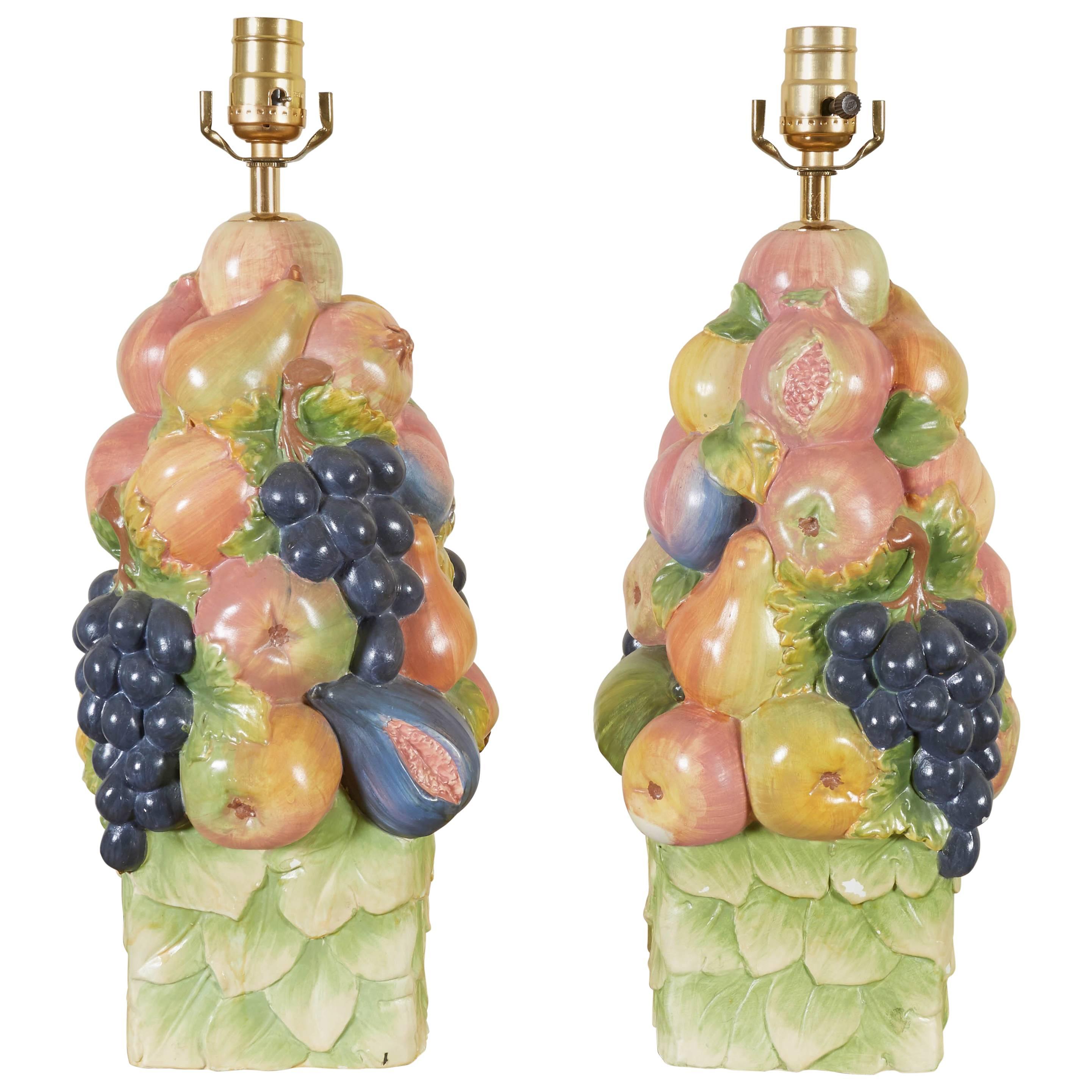 Pair of Italian Ceramic Fruit Topiary Table Lamps