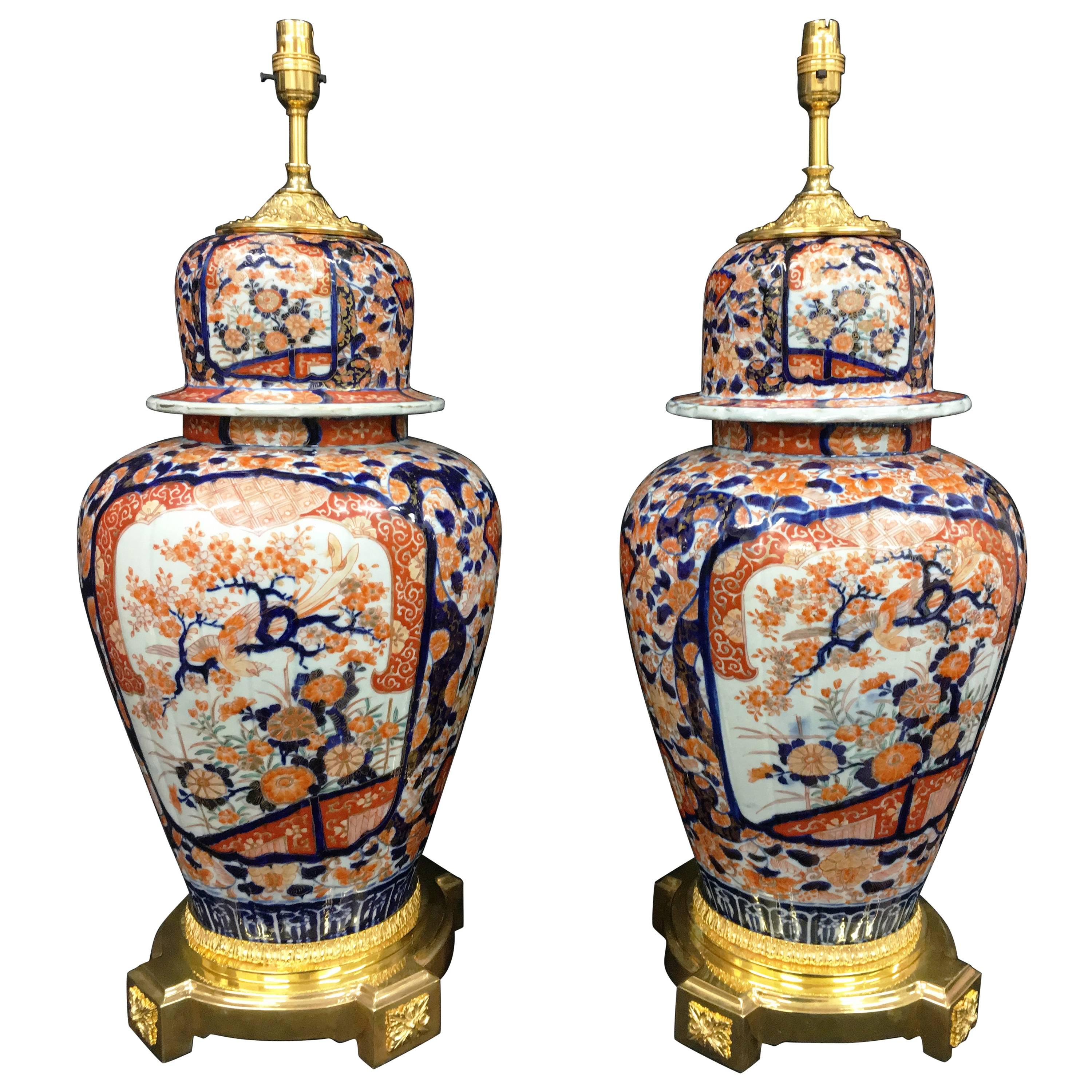 Large Pair of 19th Century Japanese Lidded Imari Vases/Lamps