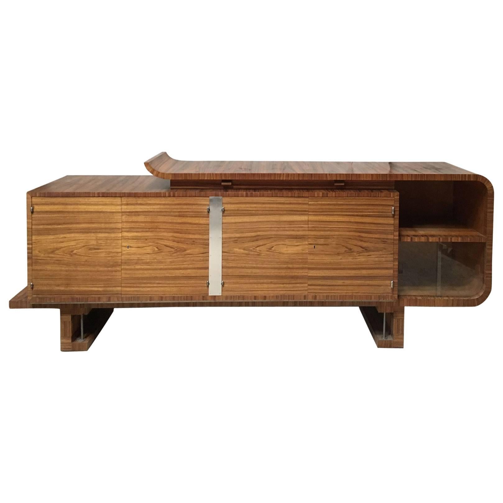 Architectural Shaped Zebrano Veneered Art Deco Sideboard with Polished Metal For Sale