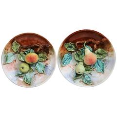 Pair of 20th Century French Hand-Painted Barbotine Plates with Apples and Pears