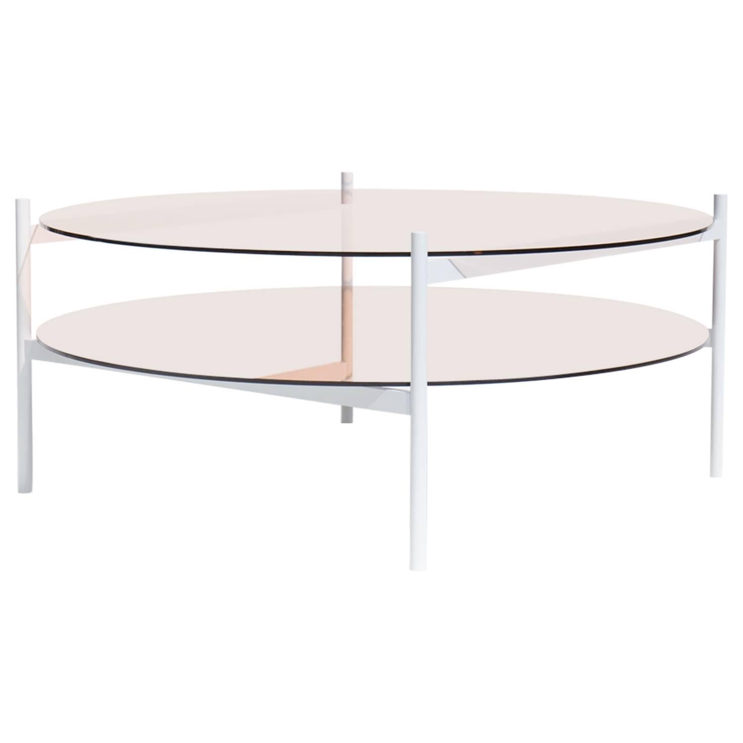 Duotone Circular Coffee Table, White Frame / Rose Glass / Rose Mirror For Sale