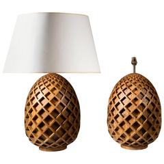 Pair of Wooden Lattice Lamps