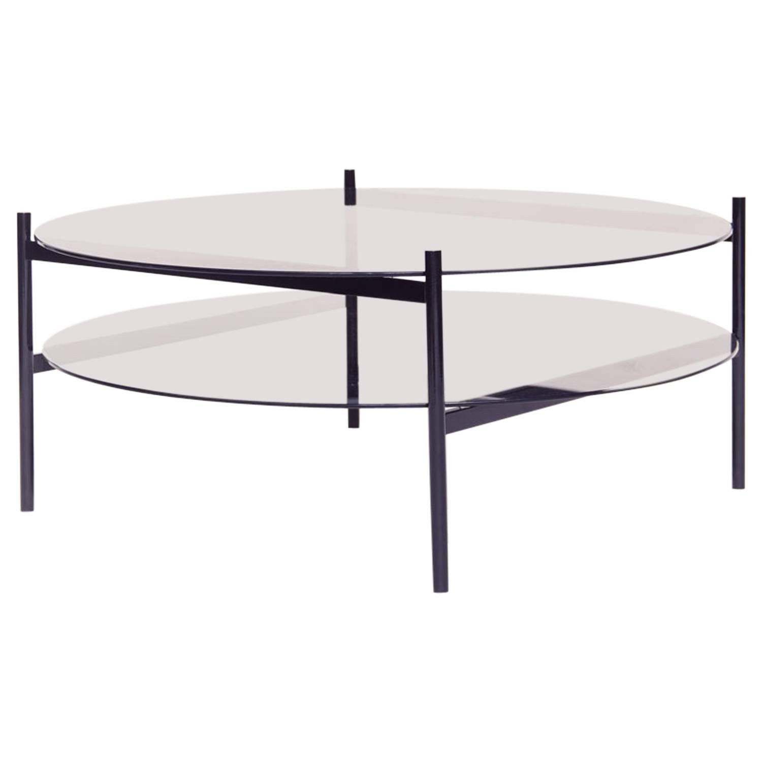 Duotone Circular Coffee Table, Black Frame / Smoked Glass / Smoked Glass For Sale