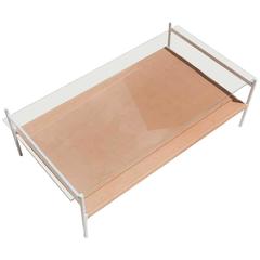 Duotone Rectangular Coffee Table, White Frame / Clear Glass / Natural Leather