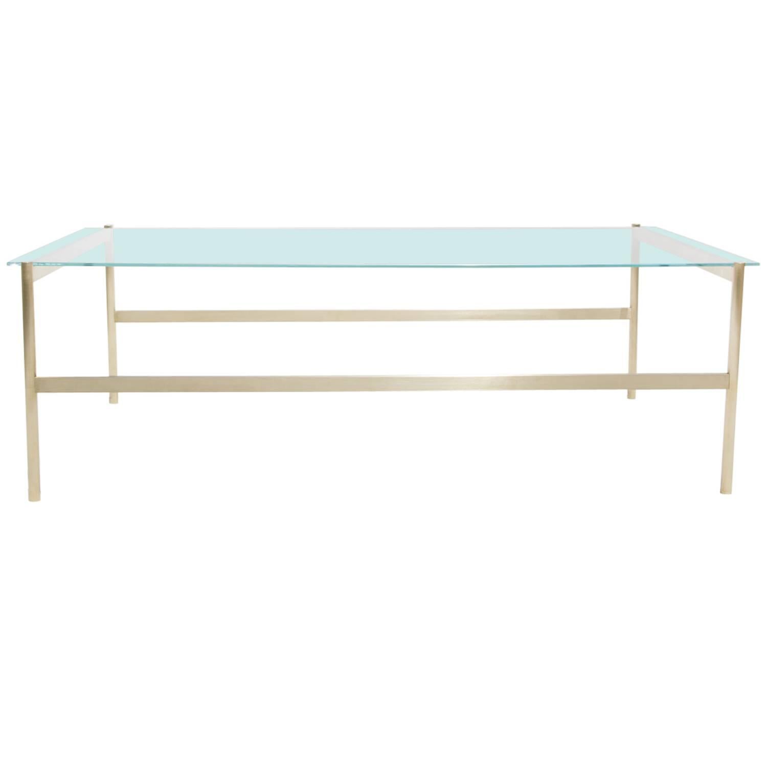 Duotone Rectangular Coffee Table, Brass Frame / Clear Glass For Sale