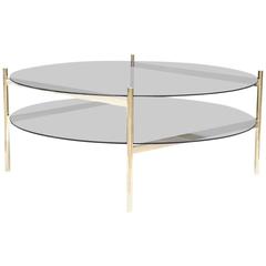 Duotone Circular Coffee Table, Brass Frame / Smoked Glass / Smoked Glass