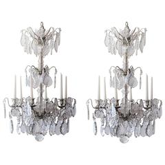 Pair of Large French Three-Tiered Silvered Crystal Chandeliers