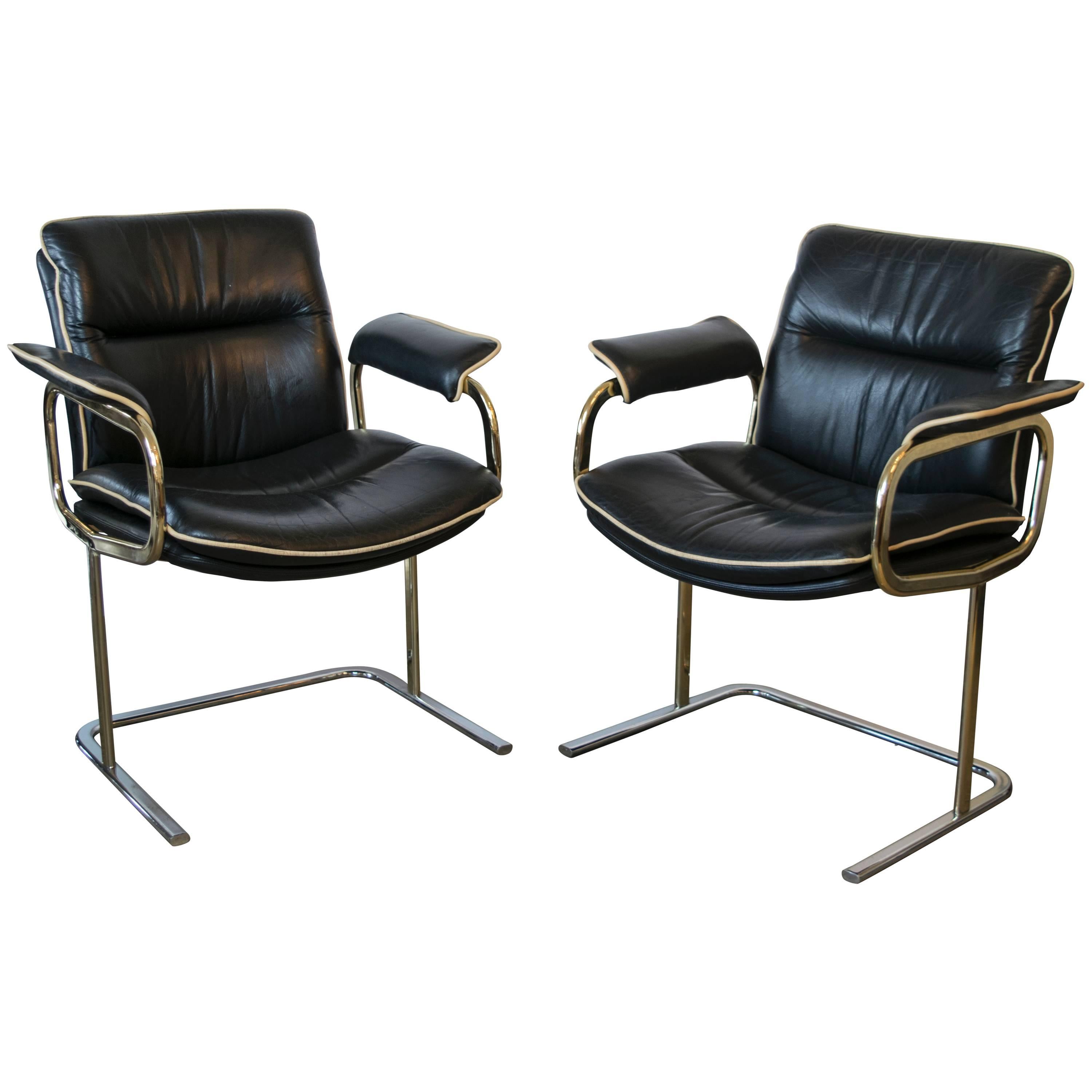 Fabulous Black Leather, Brass and Chrome Chair by Pieff For Sale