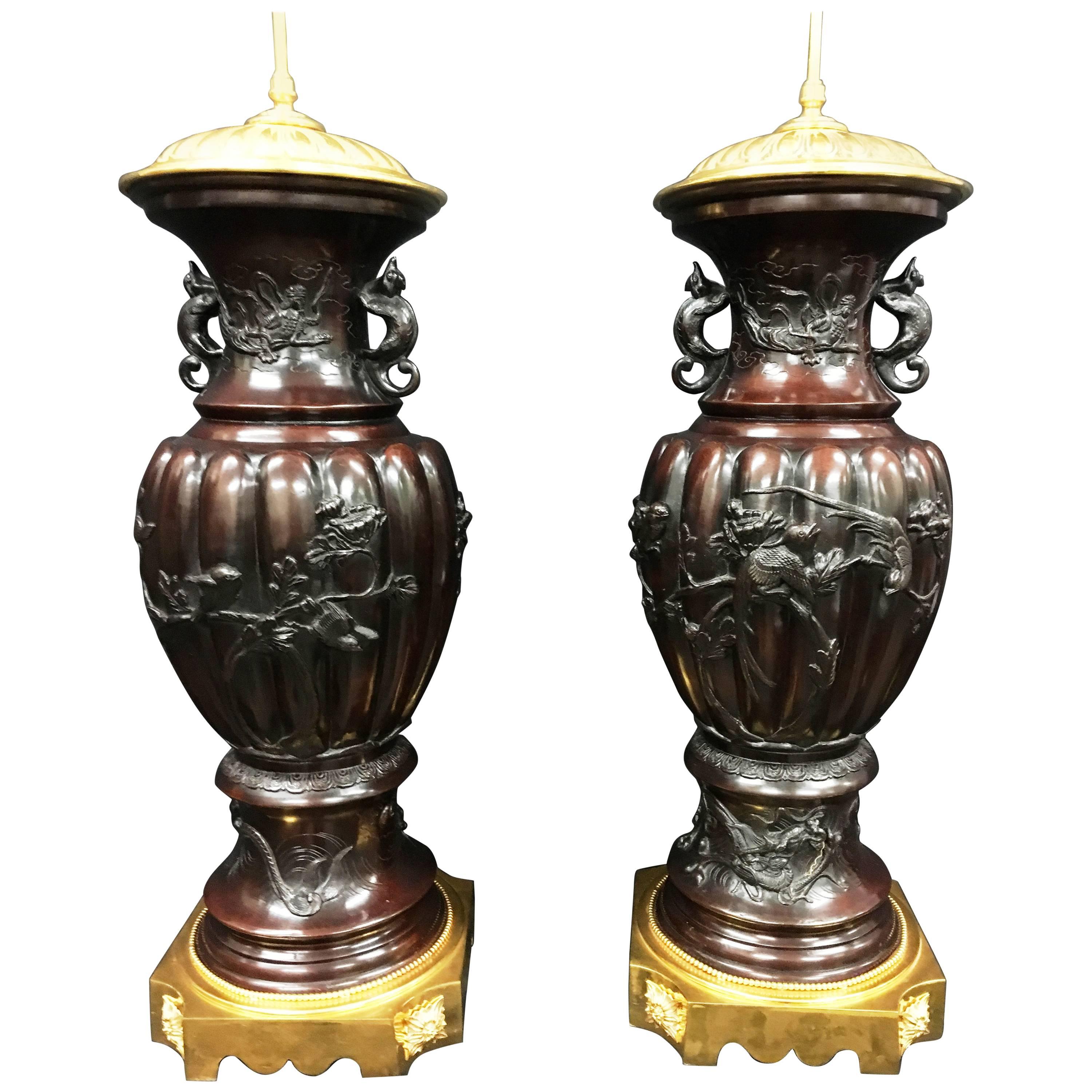 Large Pair of 19th Century Japanese Bronze Vases or Lamps For Sale