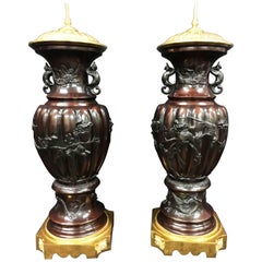 Antique Large Pair of 19th Century Japanese Bronze Vases or Lamps