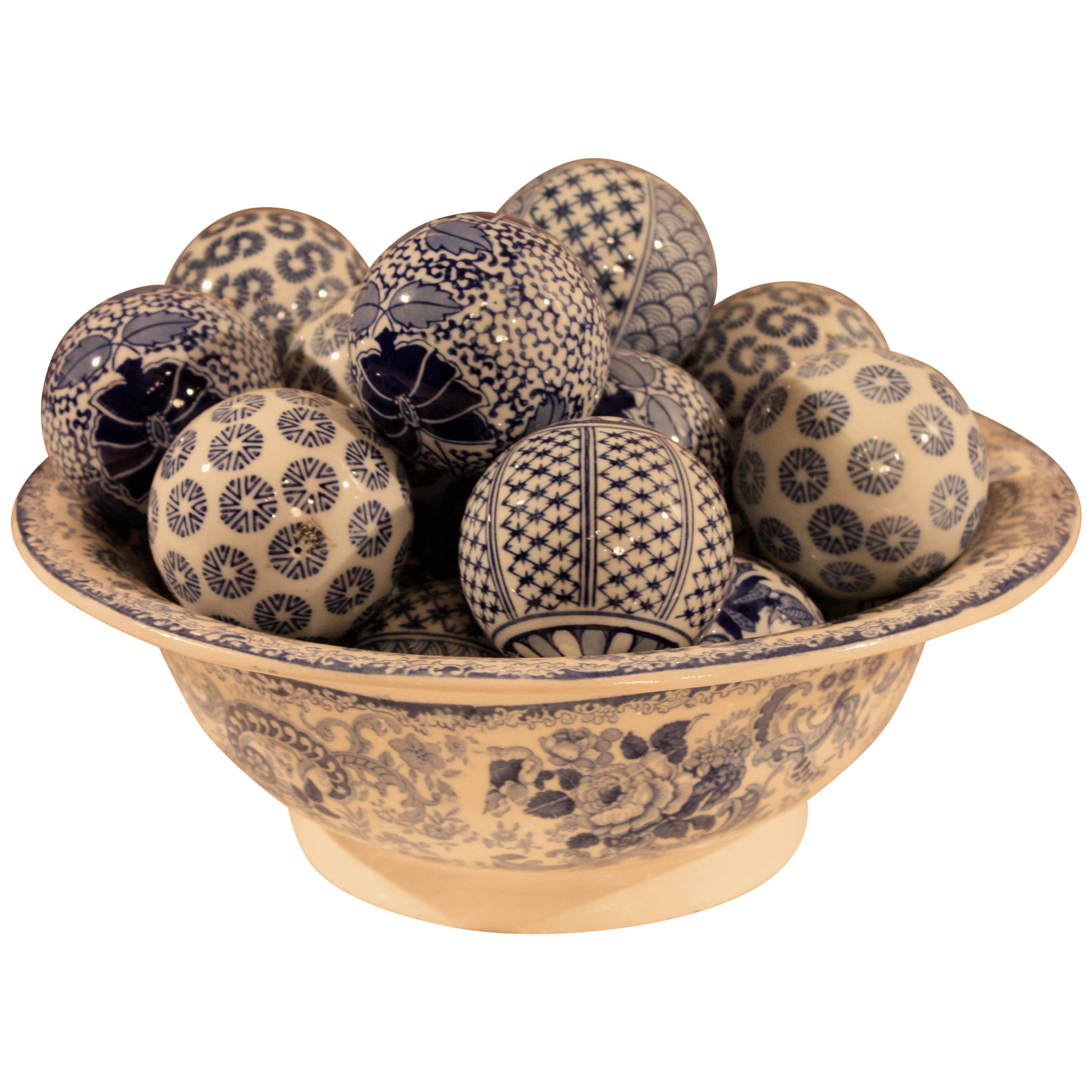 Blue and White Ceramic Bowl with Decorative Balls