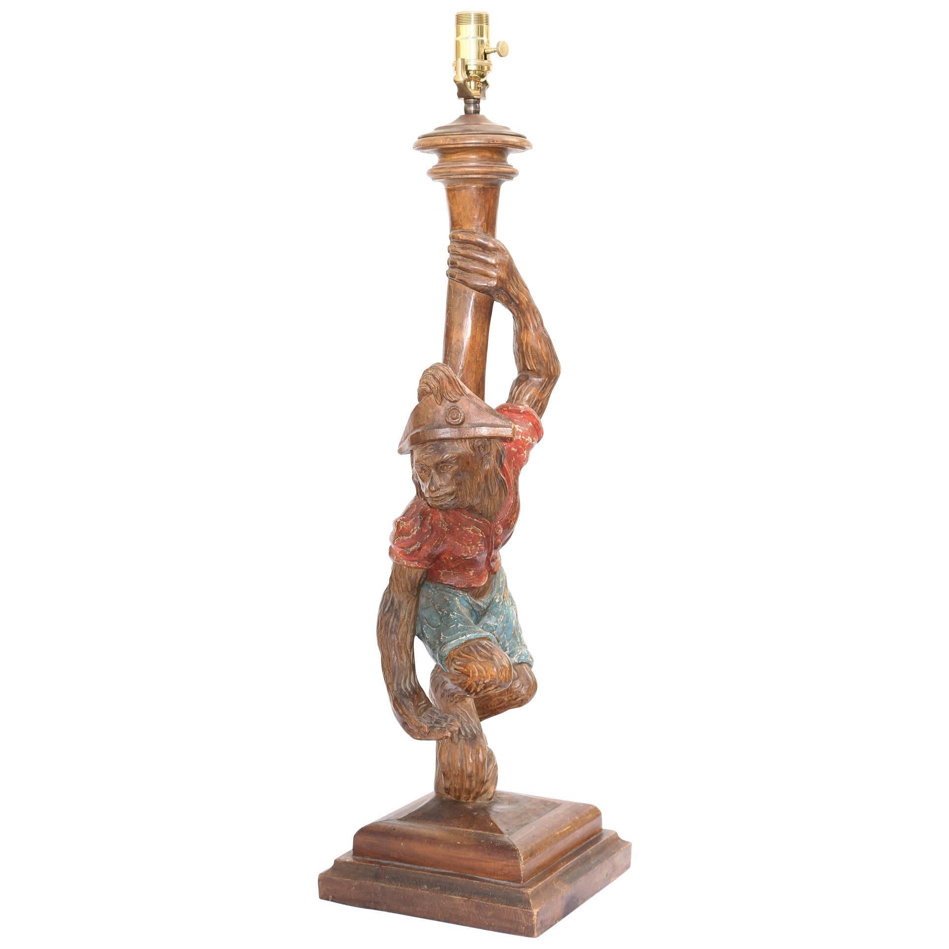 Polychromed Carved Wood Monkey Figural Lamp For Sale