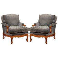 Large Pair of 20th Century French Louis XV Walnut Armchairs with Blue Chenille