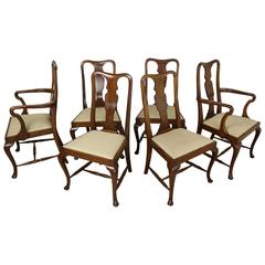 Set of Six Antique Oak Queen Anne Style Dining Chairs