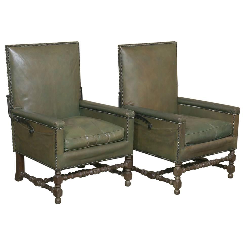 Pair of Mid-Century Modern Leather Reclining Armchairs with Turned Oak Legs