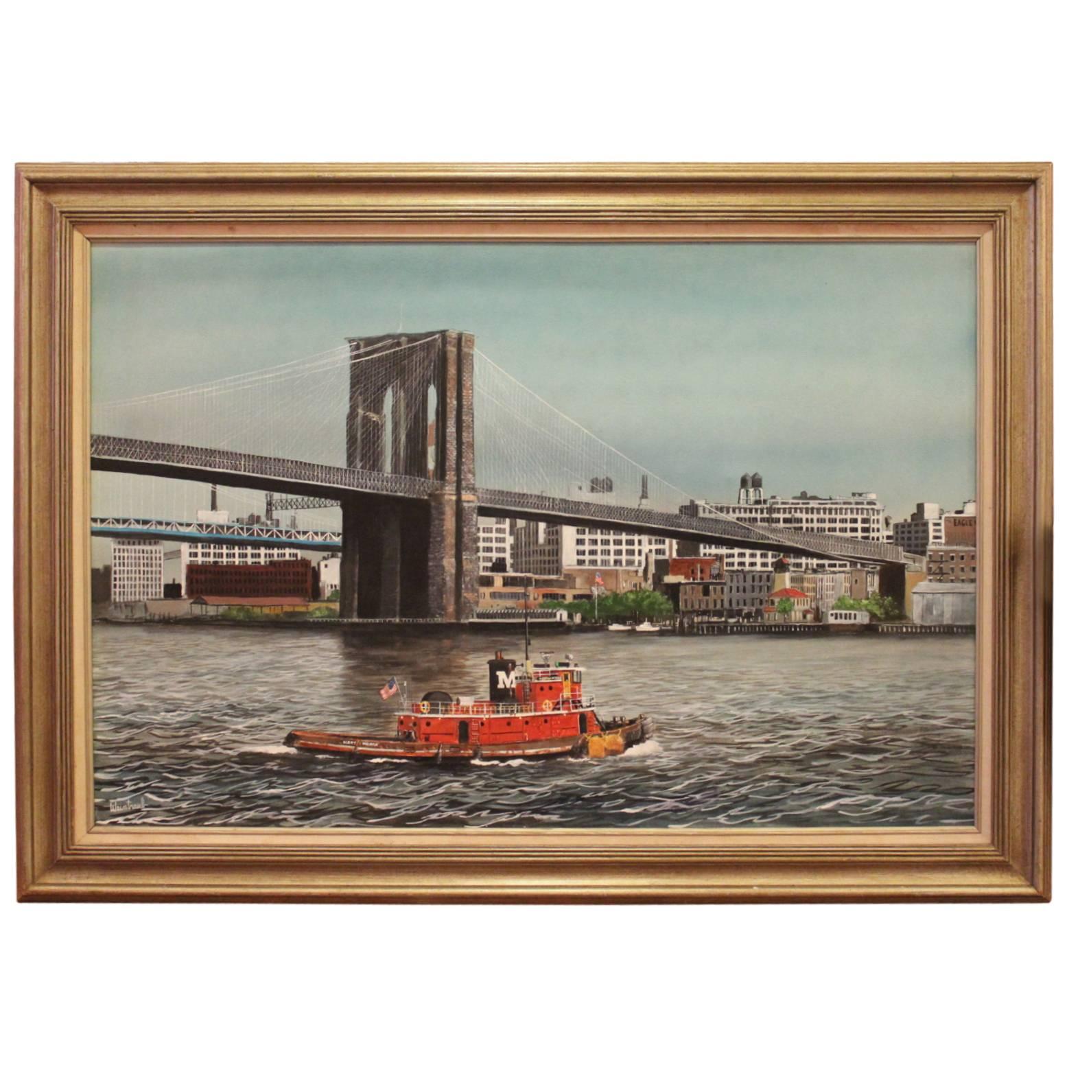 Herbert Weintraub  Modernist A View of Brooklyn Bridge and Tugboat