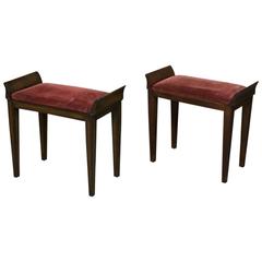 Pair of Mid-Century French Walnut Stools ~ Benches with Velvet Cushions