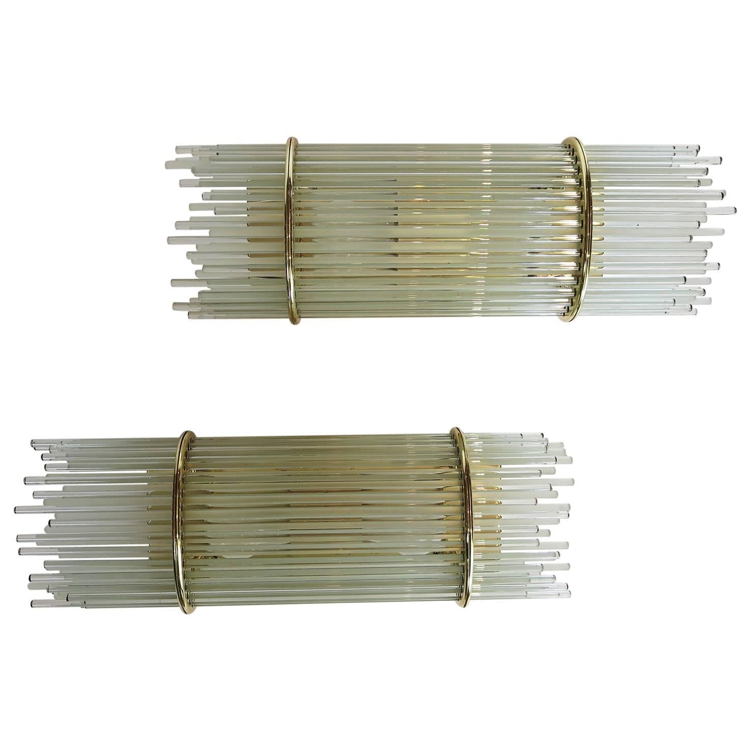 Brass and Glass Rod Mid-Century Wall Sconces by Forecast For Sale