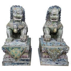 Pair of Monumental Carved Wood Painted Foo Dogs