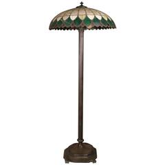 Arts and Crafts Antique Wilkinson School Bronze Lamp and Leaded Glass Shade