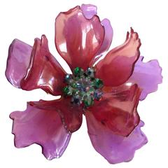 1960s Over-Scale Vintage Acrylic Flower Brooch with Rhinestones